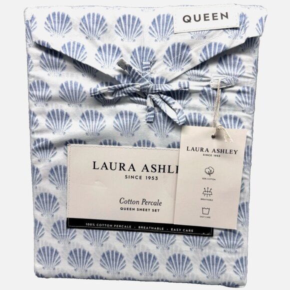 4pc Laura Ashley Blue Seashell QUEEN Sheet Set SCALLOP Shells Beach Coastal NEW
